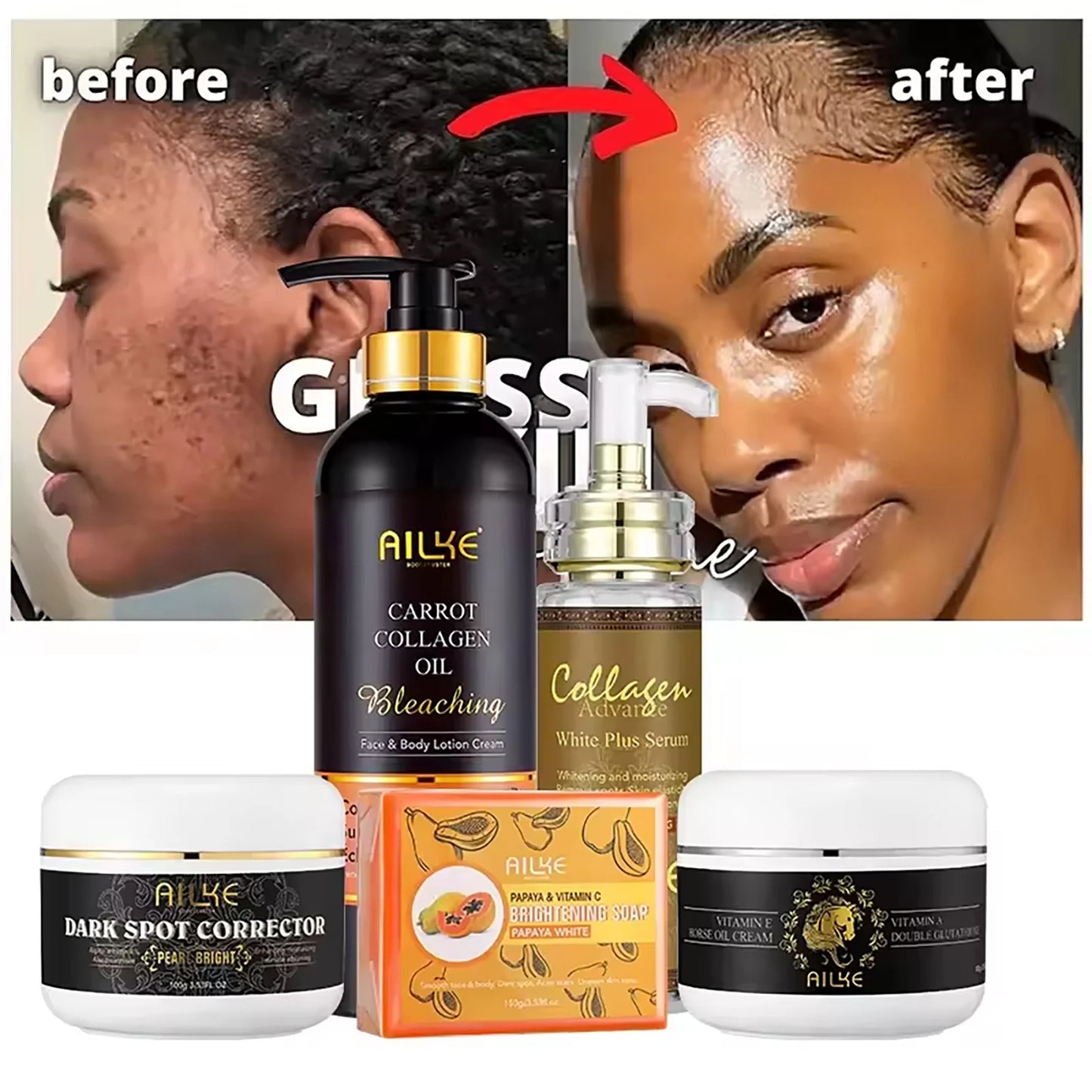 AILKE Collagen 5-in-1 Skin Care Set, Restore Skin Elasticity, Smooth Skin, Brighten, Even Skin Tone,For Face And Body Use Kit