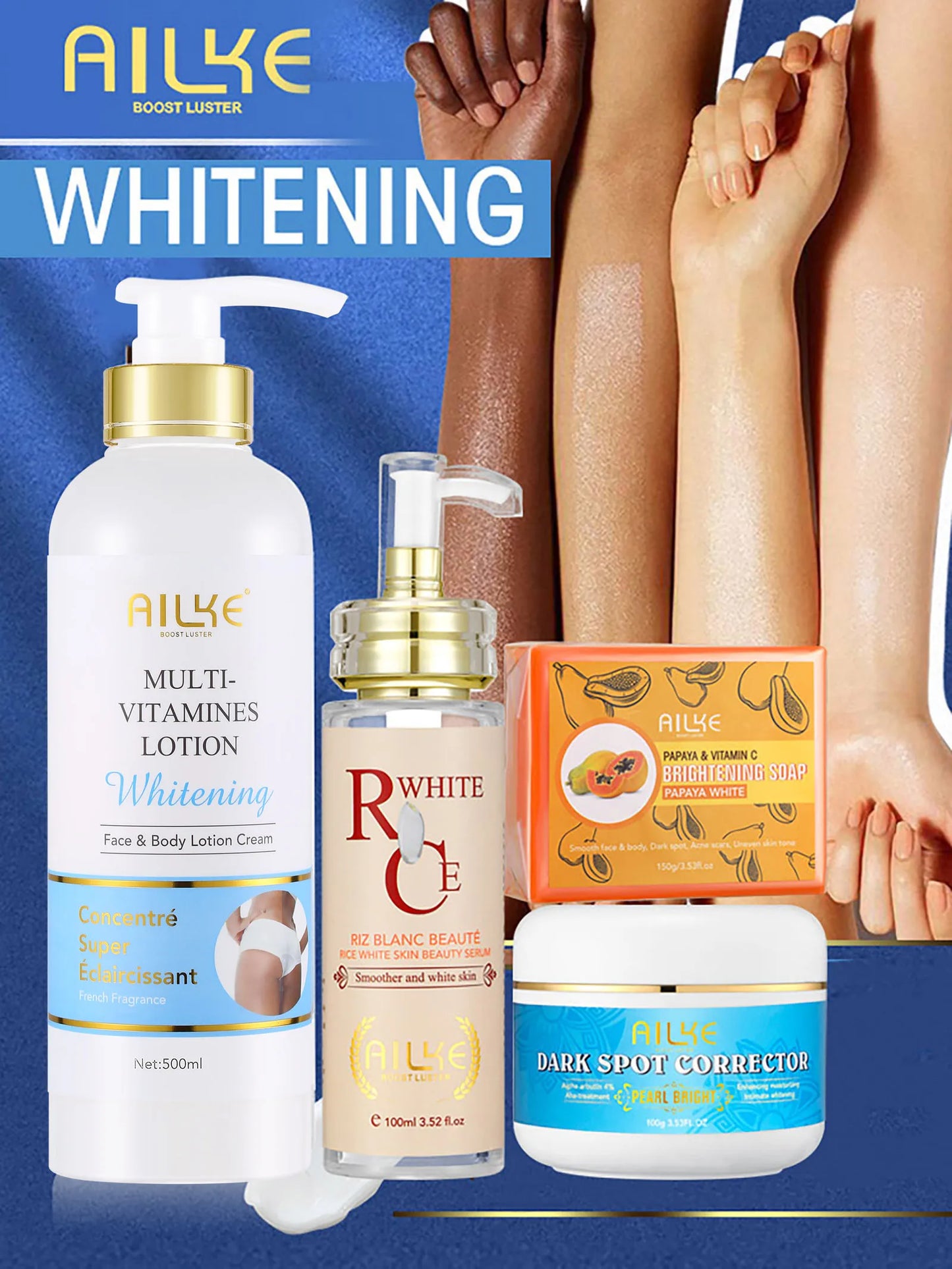 AILKE Natural Multi-Vitamin Lightening Skin Care Kit, Moisturizes, Even Toning, Remove Blemishes, Clean & Soothing Skin