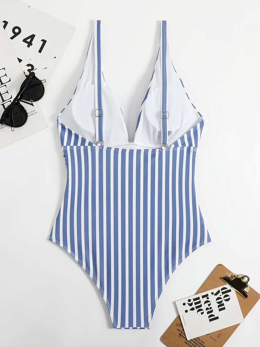 2024 Striped One Piece Swimsuit Sexy Swimwear Women V-neck Bathing Swimming Suit Female Summer Beachwear Bodysuit