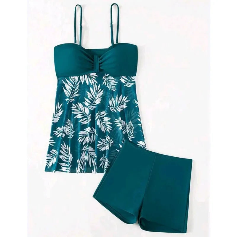 Summer Women's Short Dress With Shorts Swimsuit Leaf Print Sling Split Swimming Suit Holiday Beach Swimming Beachwear