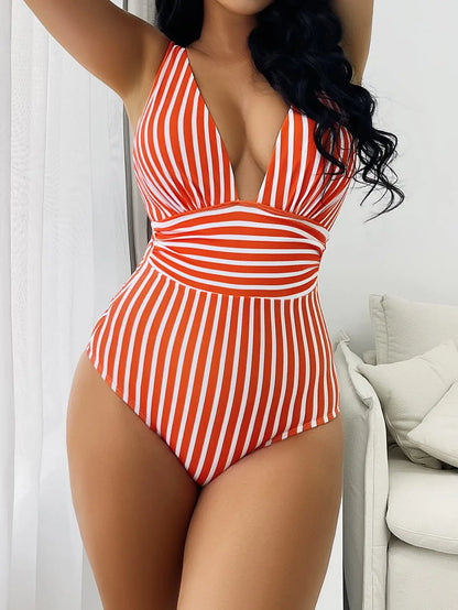 2024 Striped One Piece Swimsuit Sexy Swimwear Women V-neck Bathing Swimming Suit Female Summer Beachwear Bodysuit