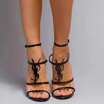 2025 big brand ladies summer new buckle sandals metal letters fashion banquet travel outdoor high heels waist luxury sandals