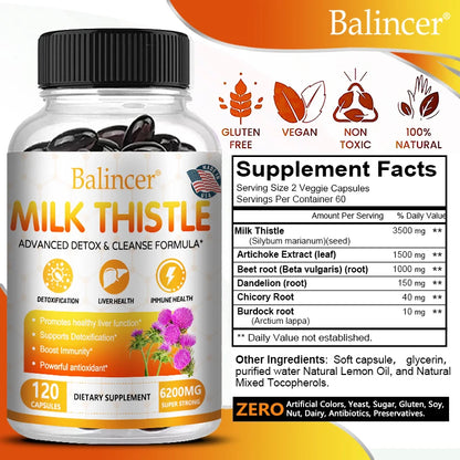 Balincer Milk Thistle Extract Supplement 6200mg - Liver Health, Detoxification - Antioxidants, Non-GMO, Gluten-Free