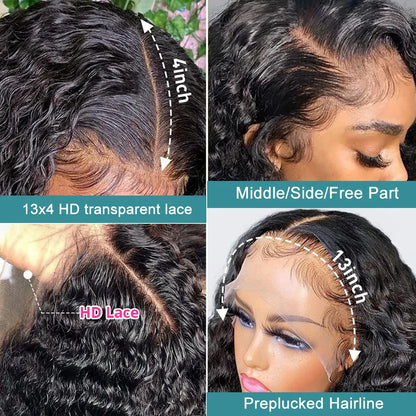 250 Density HD 13X6 Transparent Deep Water Wave Curly Human Hair Lace Frontal Wig 30 34 Inch 13X4 Lace Front Human Hair Wigs