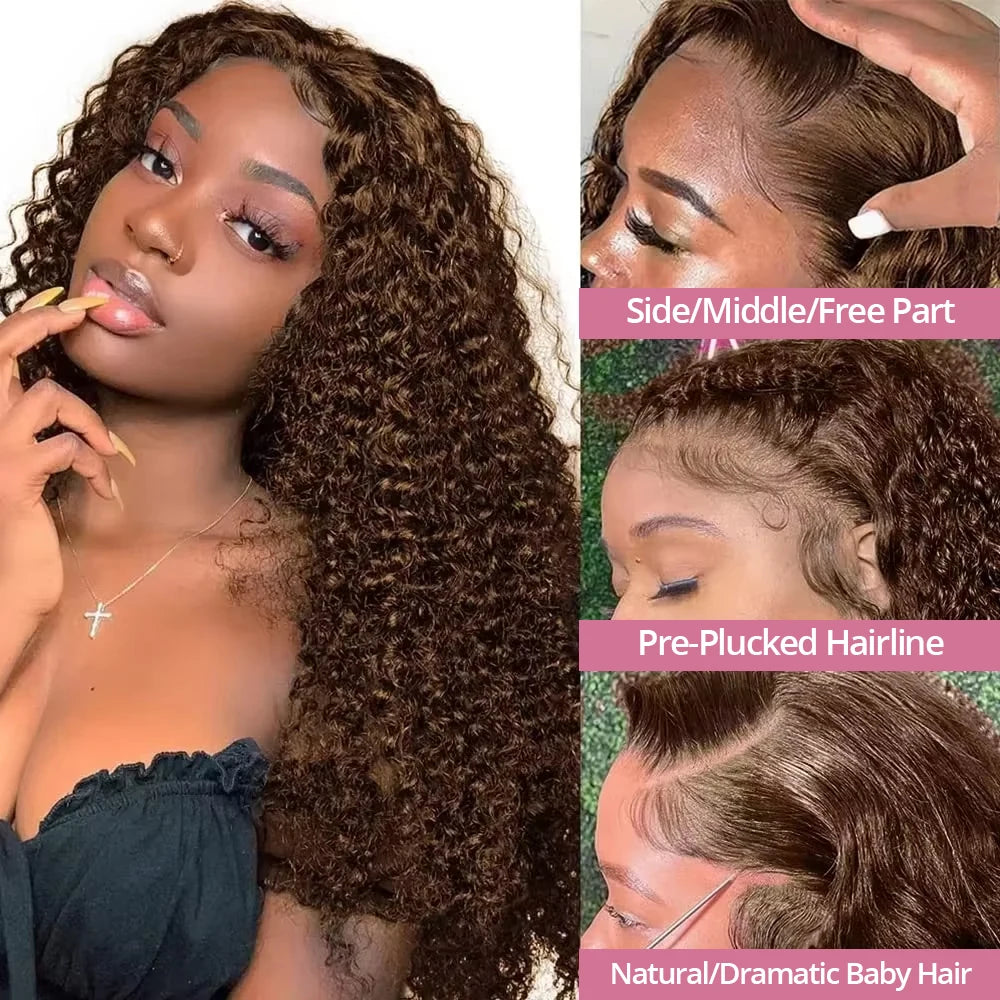 Chocolate Brown Deep Wave 13x6 Lace Front Wig Human Hair 250 Density Curly 4 Colored Transparent 13x4 Lace Frontal Wig For Women