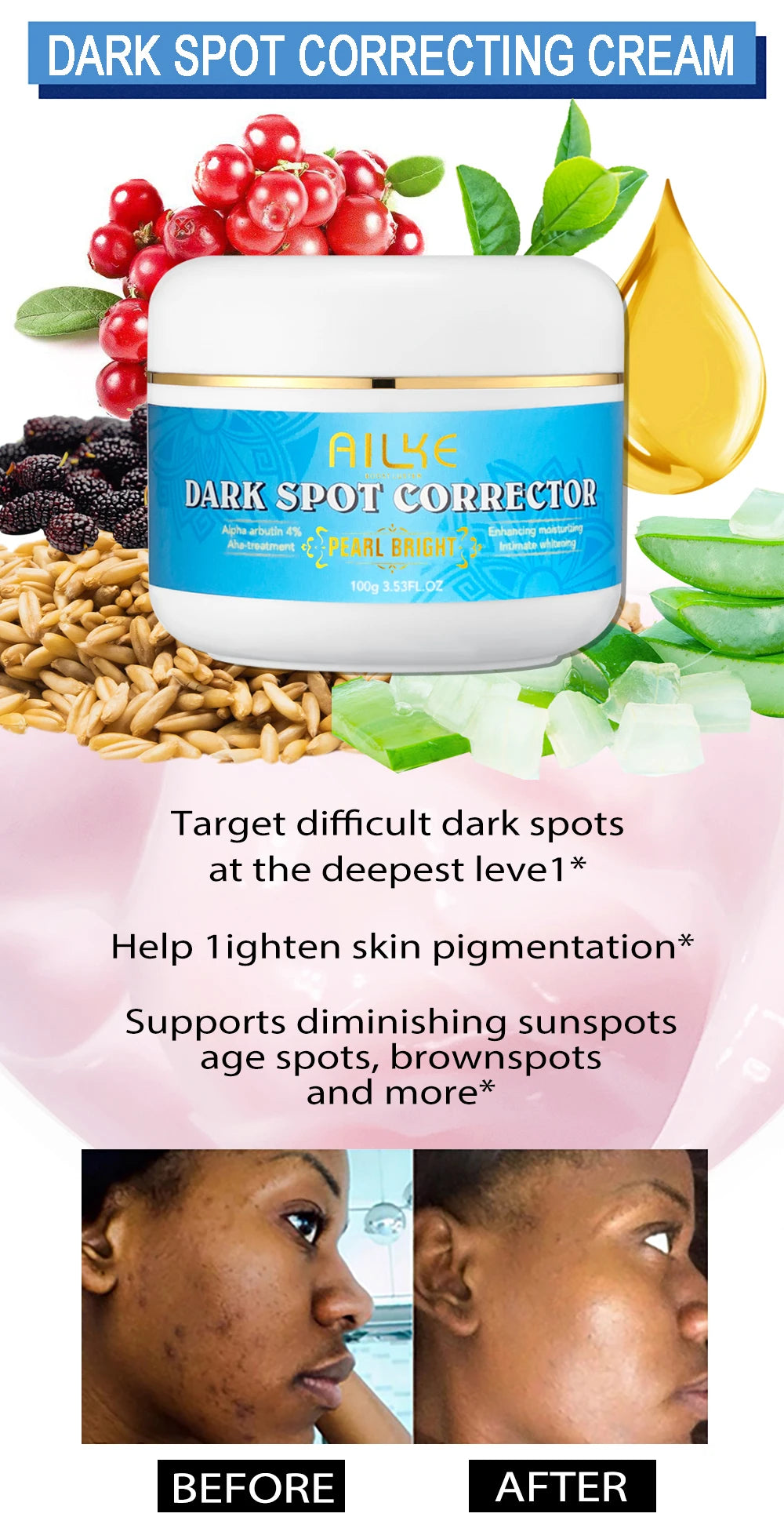 AILKE Natural Multi-Vitamin Lightening Skin Care Kit, Moisturizes, Even Toning, Remove Blemishes, Clean & Soothing Skin