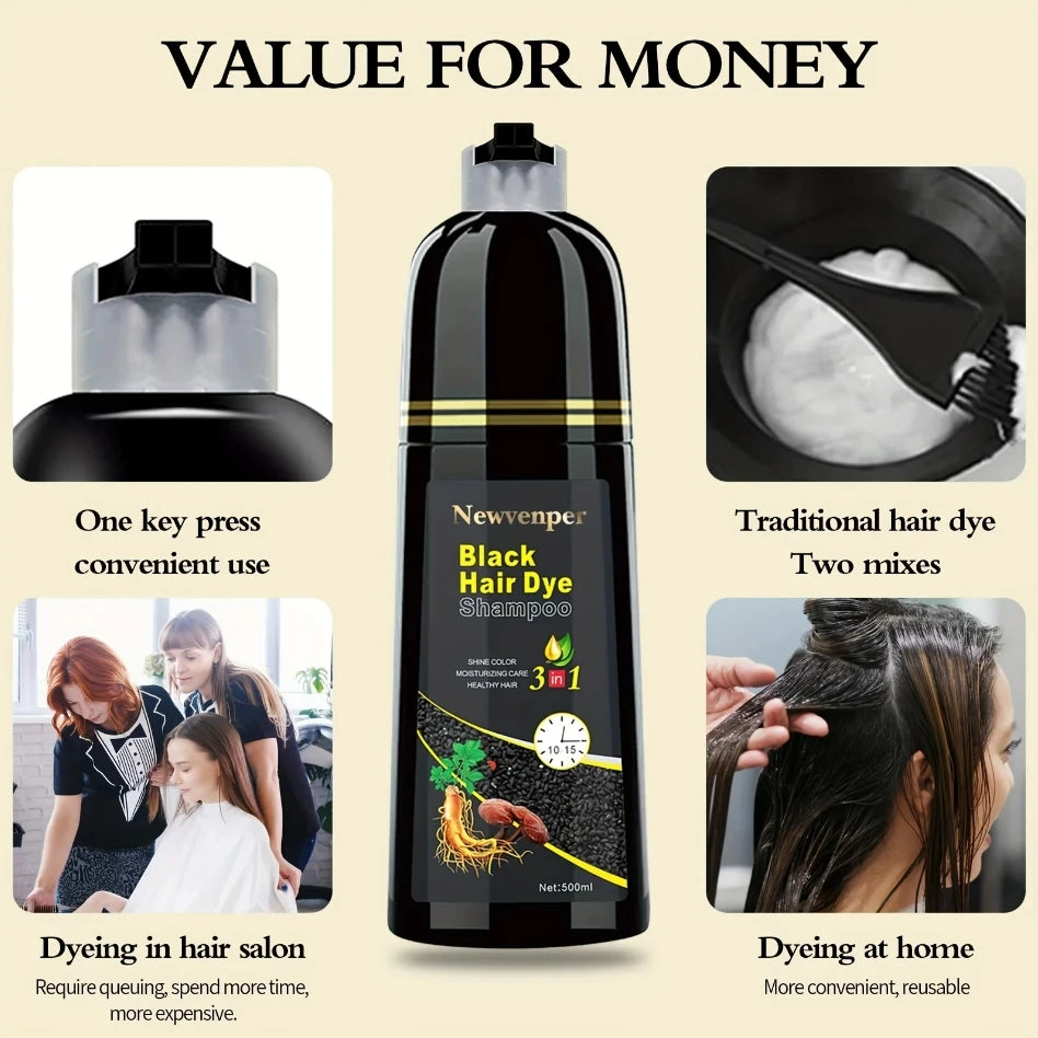 500ML/14.9 Fl.oz Black Hair Dye shampoo Coloring in Minutes Natural & Long Lasting Hair Dye Shampoo  Men & Women Hair turn Black
