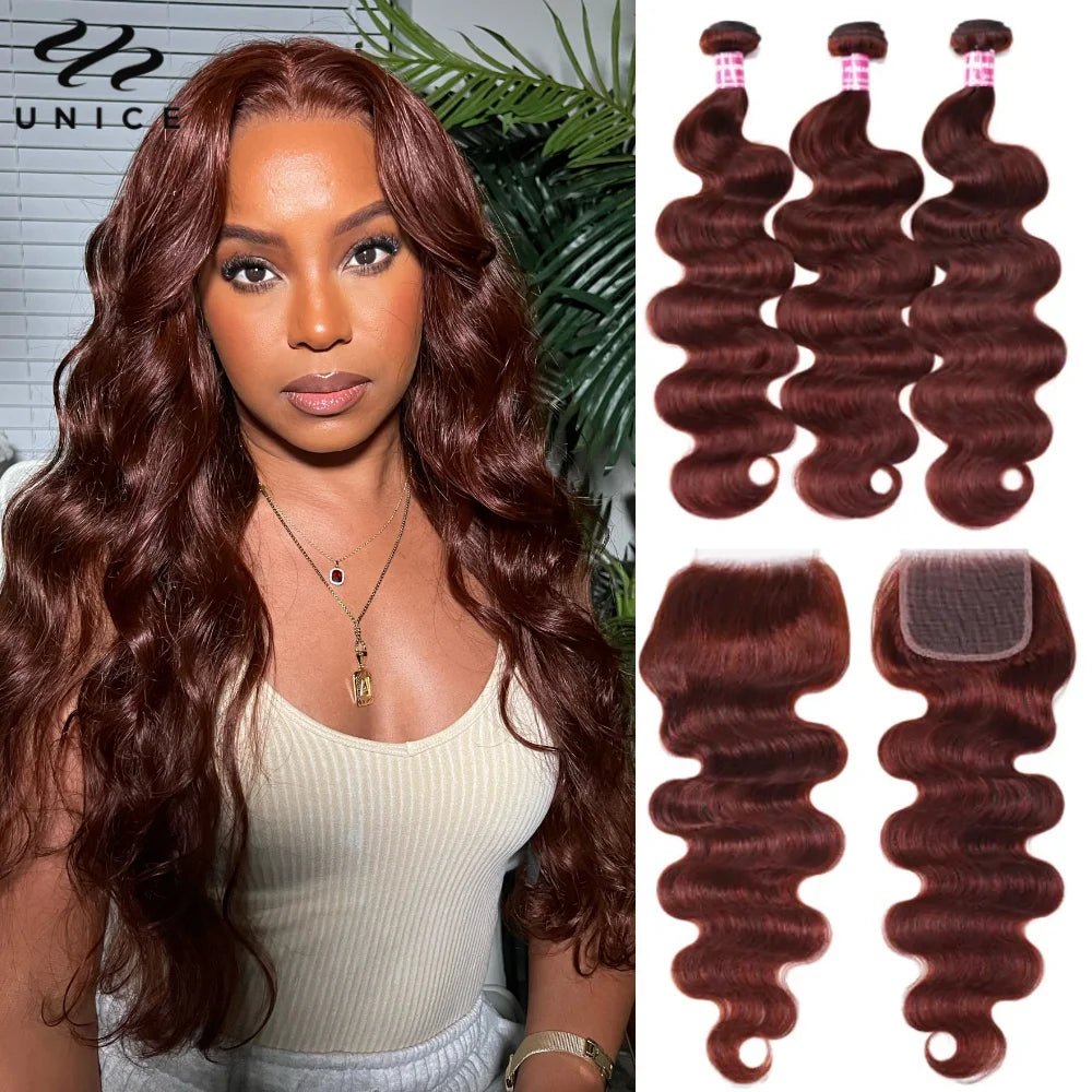 UNice Hair Reddish Brown Body Wave Bundles With 4x4 Closure 100% Human Hair 2/3/4 PCS Bundles And Closure Can Make 250% Lace Wig