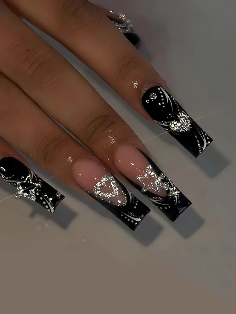 24PCS/1BOX Black French Wearing Sweet and Cool Nail Patch Glitter Love Stars in Europe and America Dark Department Fake Nail