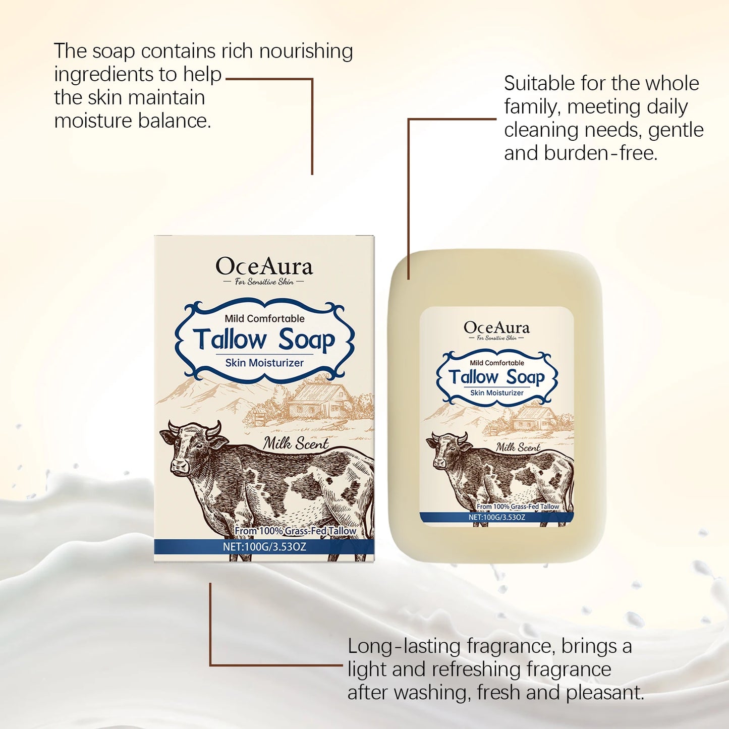 OCEAURA Tallow Soap, Beef Tallow Soap, Pure Tallow Balm Soap Bar for Sensitive Skin - Moisturizes, Soothes, and Hydrates 100g