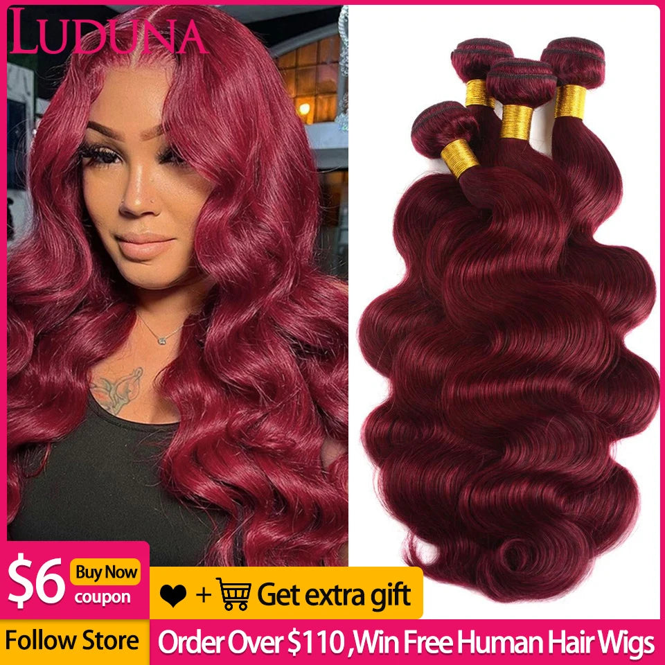 Luduna Burgundy 99j Body Wave Bundles Brazilian Red Color Human Hair Bundles 1/3/4 Pcs Hair Extensions Body Weave Colored Bundle