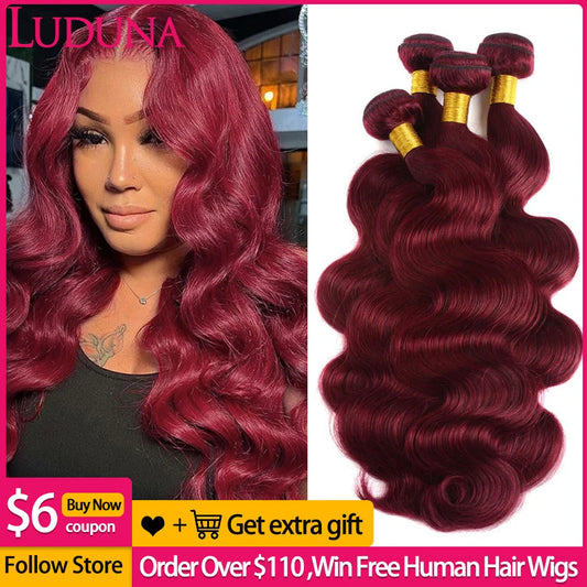 Luduna Burgundy 99j Body Wave Bundles Brazilian Red Color Human Hair Bundles 1/3/4 Pcs Hair Extensions Body Weave Colored Bundle