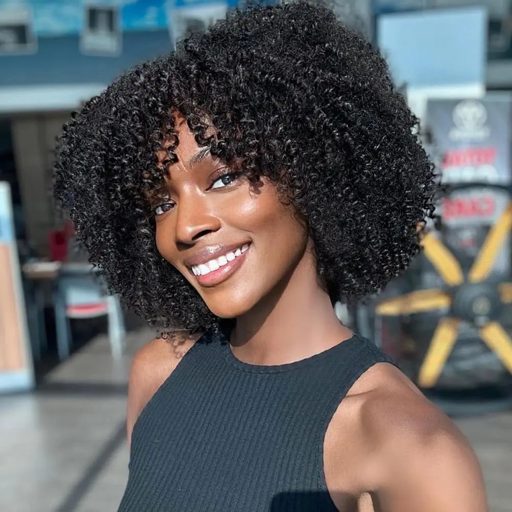 4A Afro Kinky Curly Wig With Bangs Human Hair 12/14 inch Short Curly Hair Wigs 180% Density Full Machine Made Natural For Women