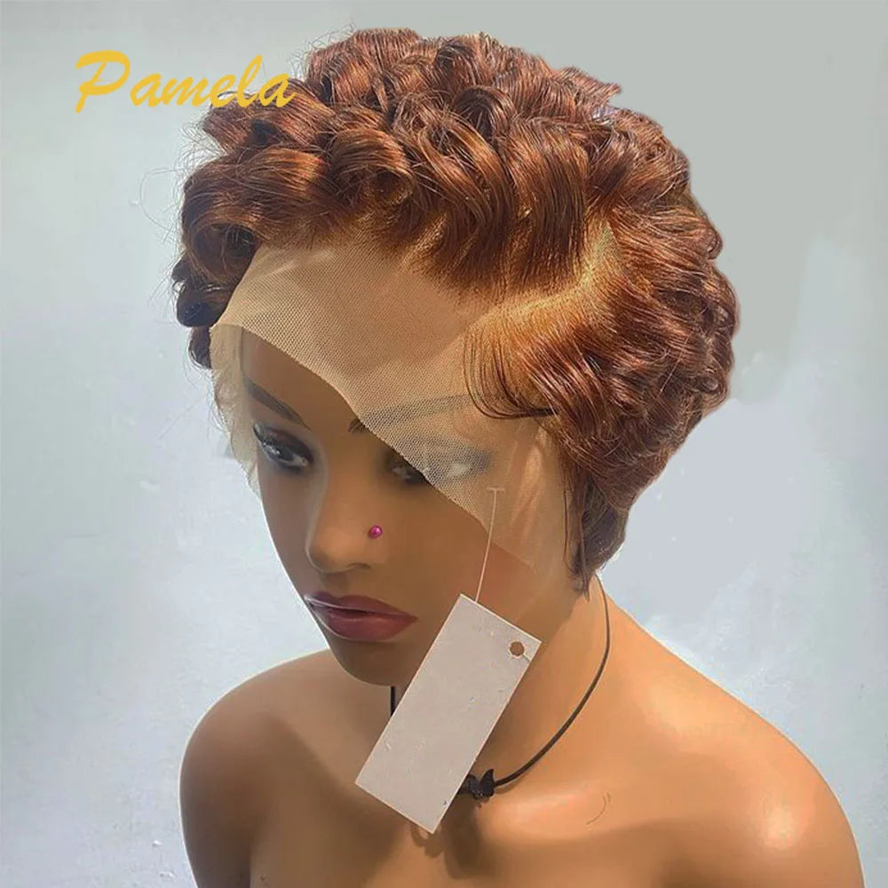 Reddish Brown Short Bob Loose Wave Human Hair Wigs Honey Blonde Short Bob Pixie Cut Transparent Lace Front Wigs For Women