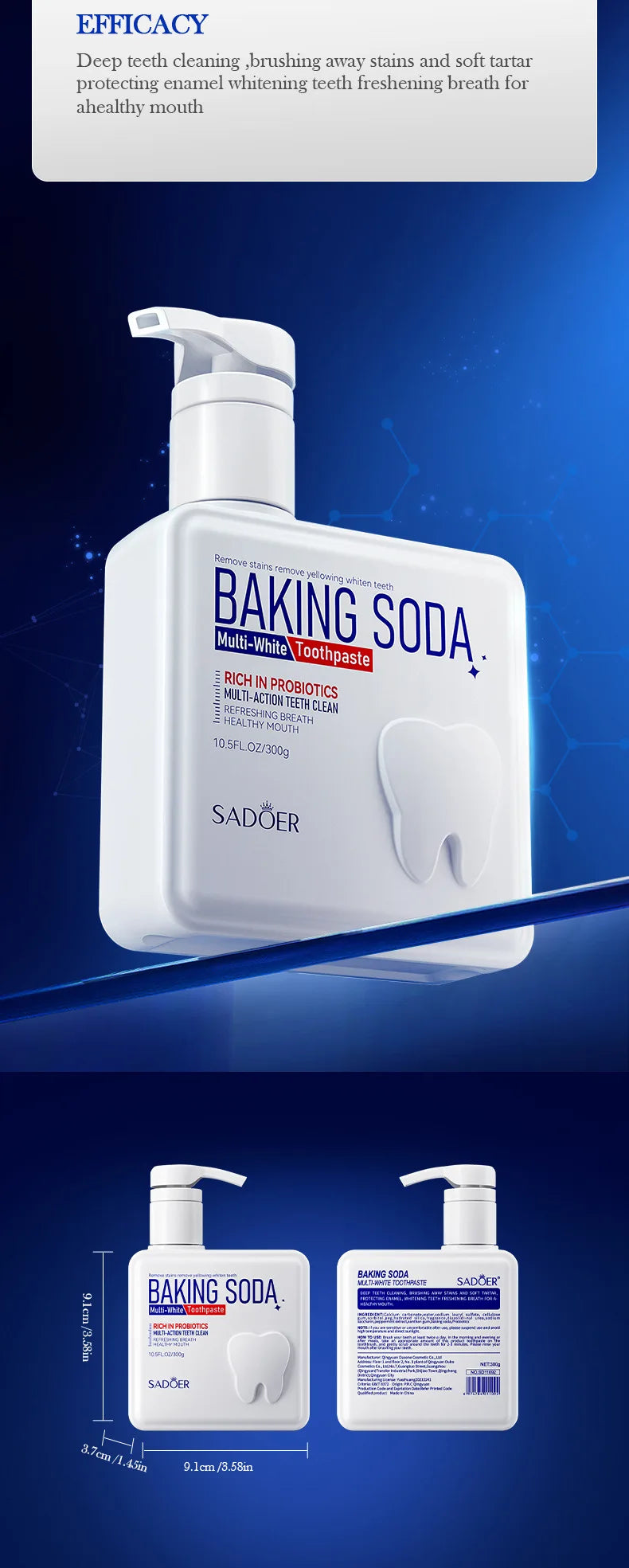 Baking Soda Probiotic Whitening Toothpaste To Remove Yellow Teeth Stains and White Teeth Removal Clean Teeth Fresh Mouth 300g