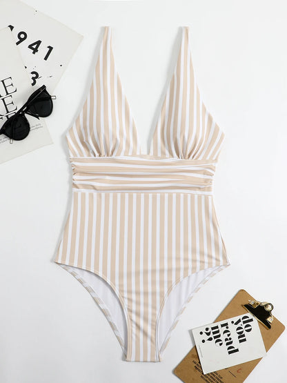 2024 Striped One Piece Swimsuit Sexy Swimwear Women V-neck Bathing Swimming Suit Female Summer Beachwear Bodysuit