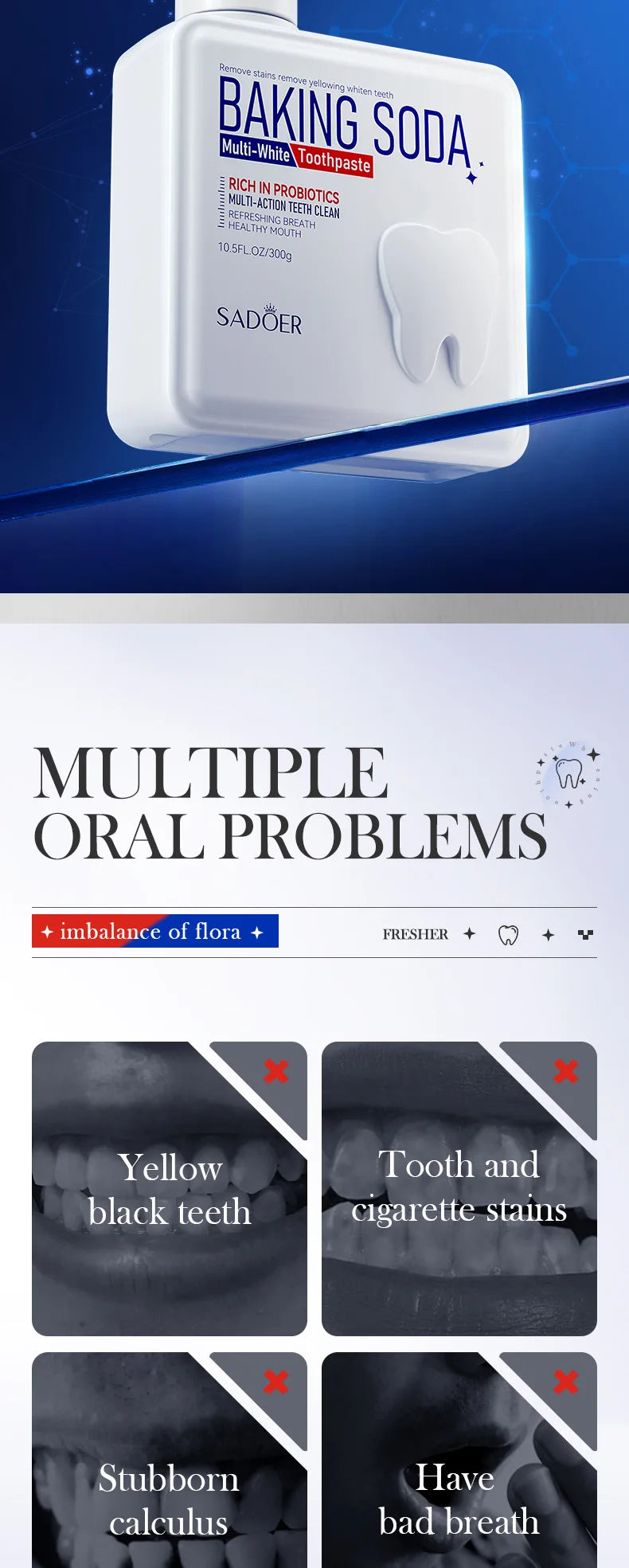 Baking Soda Probiotic Whitening Toothpaste To Remove Yellow Teeth Stains and White Teeth Removal Clean Teeth Fresh Mouth 300g