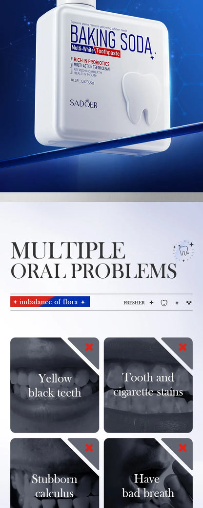 Baking Soda Probiotic Whitening Toothpaste To Remove Yellow Teeth Stains and White Teeth Removal Clean Teeth Fresh Mouth 300g