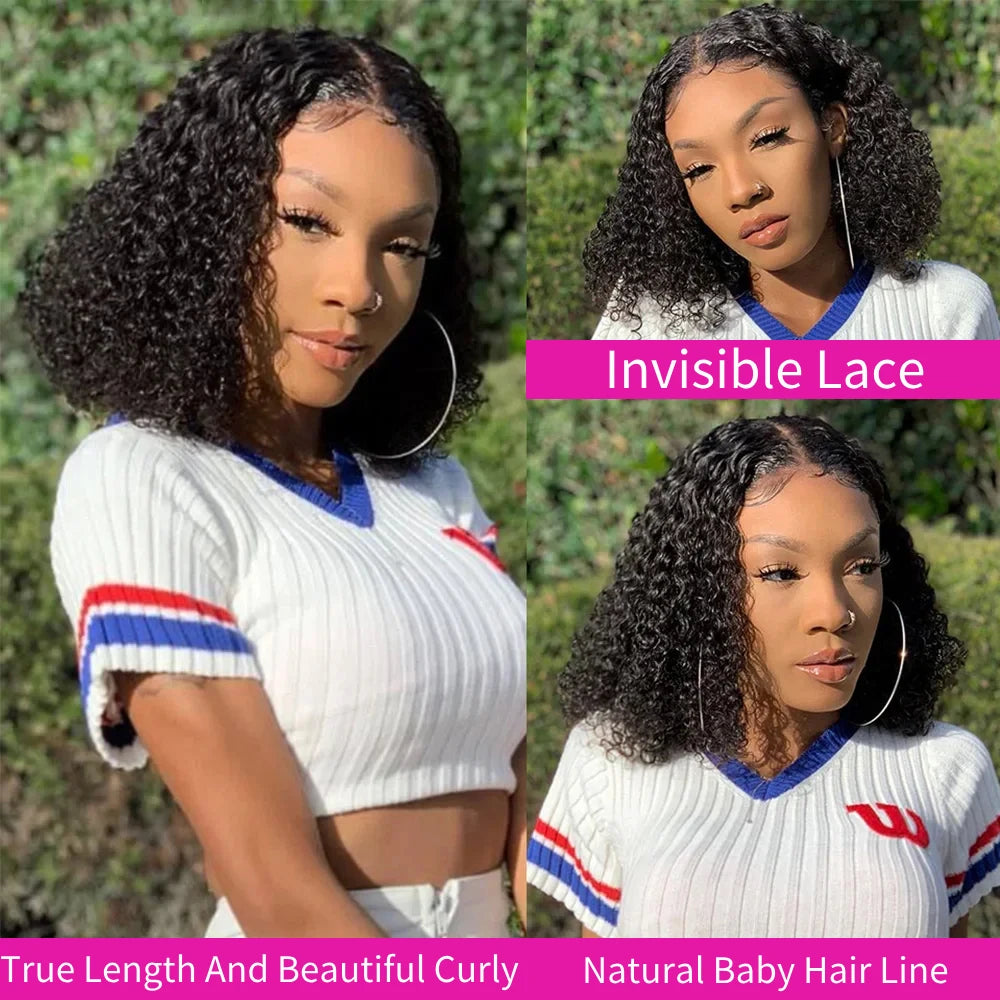 Short Curly Bob Wig 100% Human Hair 200% Density 13x4 Transparent Lace Frontal Wig 8-14 Inch Deep Wig PrePlucked Women Remy Hair