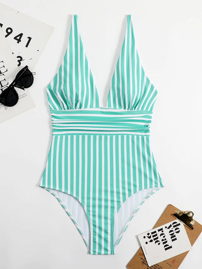 2024 Striped One Piece Swimsuit Sexy Swimwear Women V-neck Bathing Swimming Suit Female Summer Beachwear Bodysuit