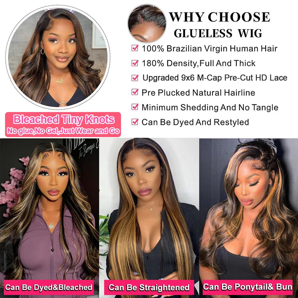 9x6 Wear and Go Glueless Wigs Human Hair Pre Plucked Pre Cut 1B/30 Highlight Ombre Lace Front Wigs Body Wave Human Hair Wigs