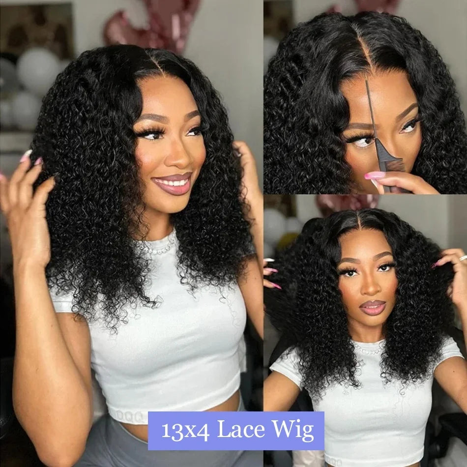 Curly Short 100% Human Hair Wig 200% Density Deep Wave Bob Wigs 13×4 Lace Front Black Brazilian Remy Wig for Women 12 14 Inch