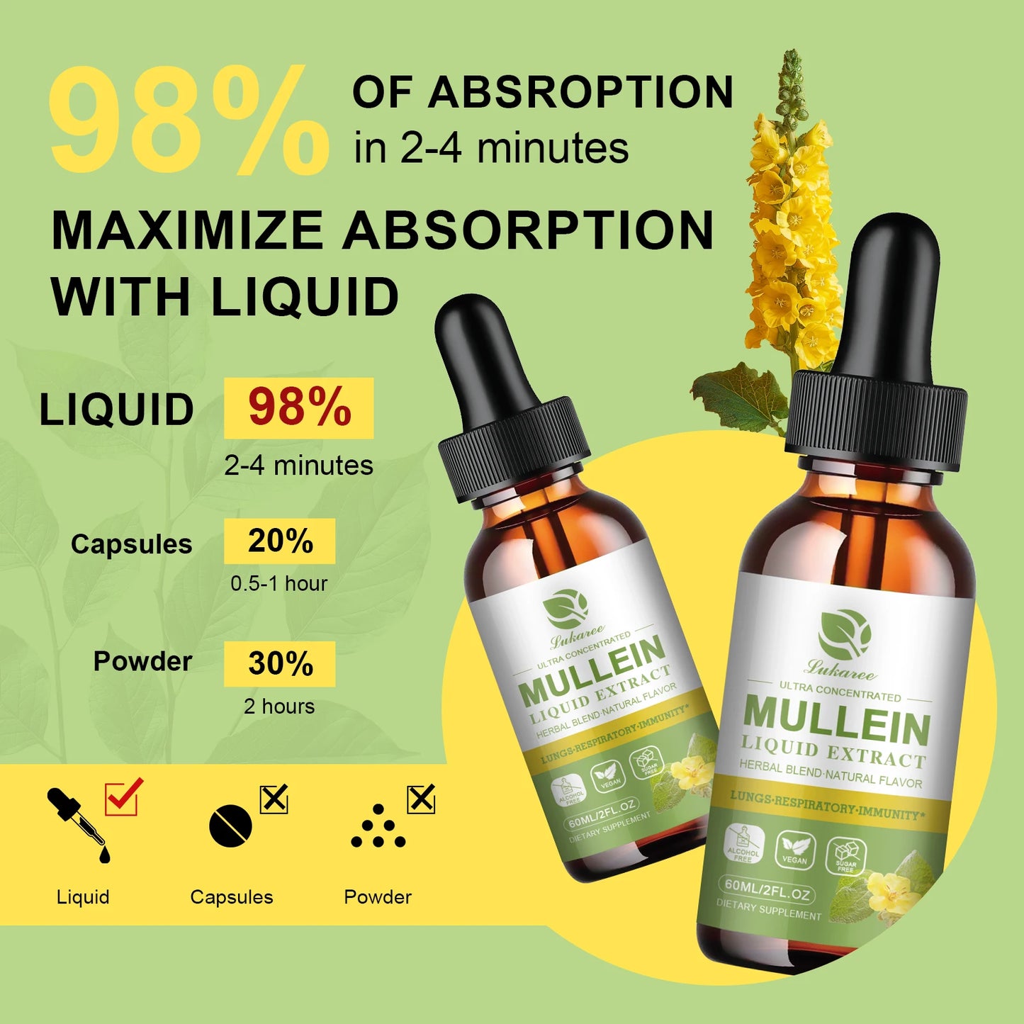 Mullein Drops Suitable For Lung, Lung Detoxification And Cleansing, Vegetarian Mullein Leaf Extract For Respiration, Immunity