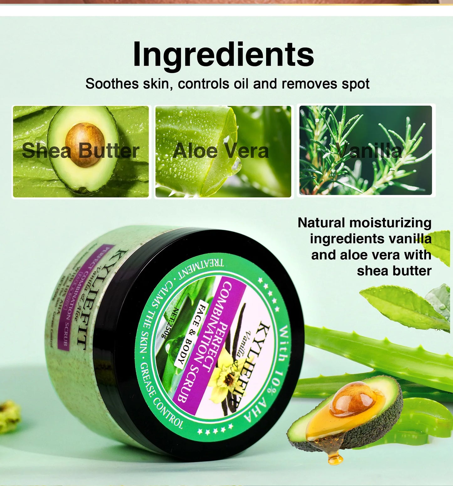 Natural Vanilla & Aloe Perfect Combination Scrub, With 10% AHA, Reduce Acne and Black Spots, For Face & Body Use