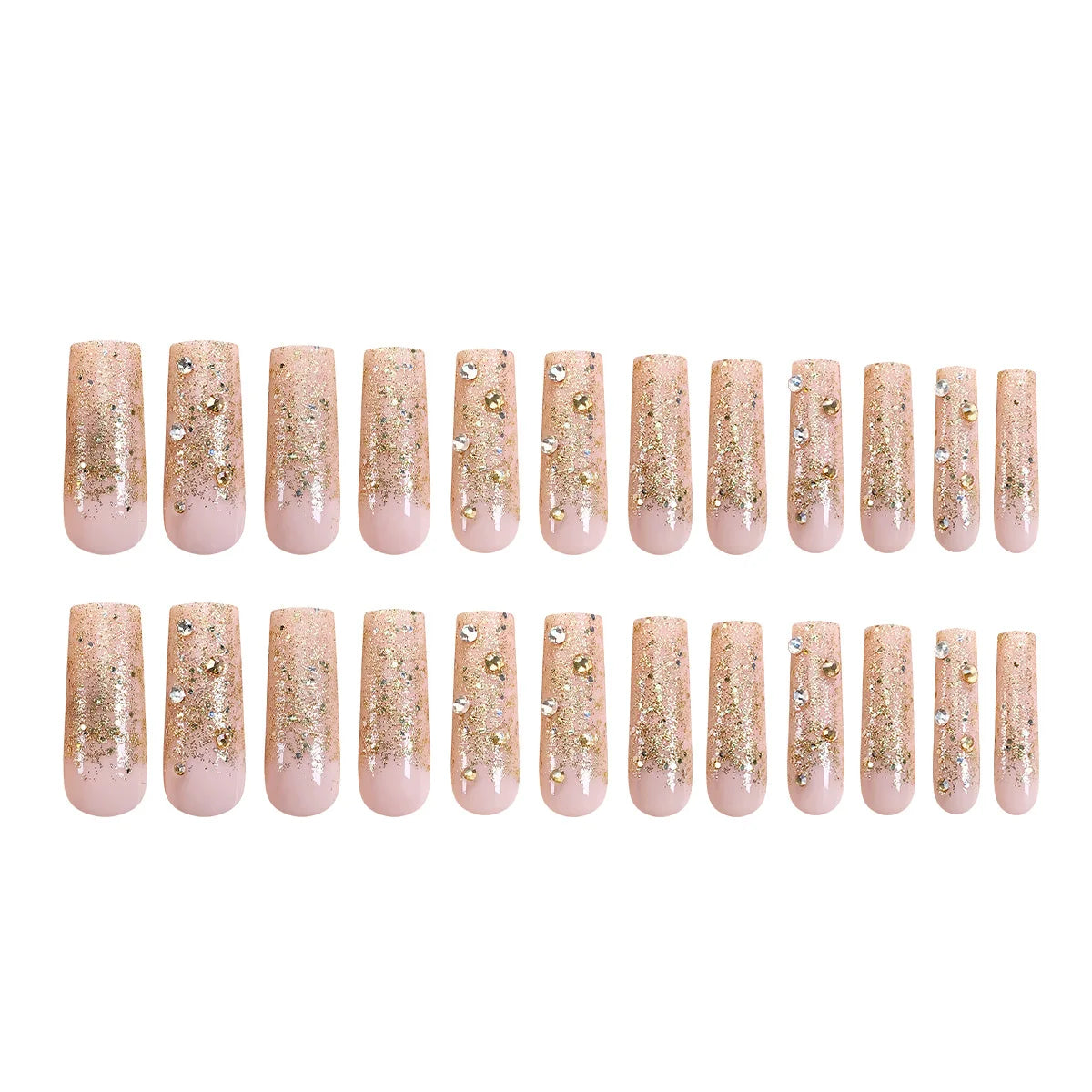 24Pcs Gold Ballet False Nails Long Coffin with Rhinestone French Wearable Fake Nail Transparent Decoration Press on Nail Tips