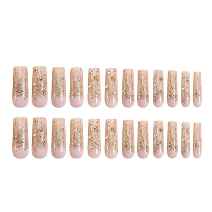 24Pcs Gold Ballet False Nails Long Coffin with Rhinestone French Wearable Fake Nail Transparent Decoration Press on Nail Tips