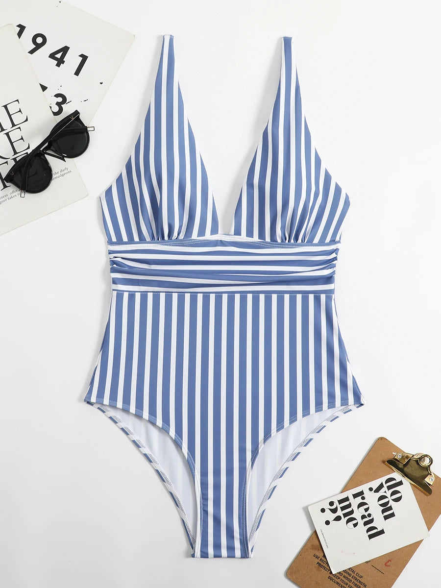 2024 Striped One Piece Swimsuit Sexy Swimwear Women V-neck Bathing Swimming Suit Female Summer Beachwear Bodysuit