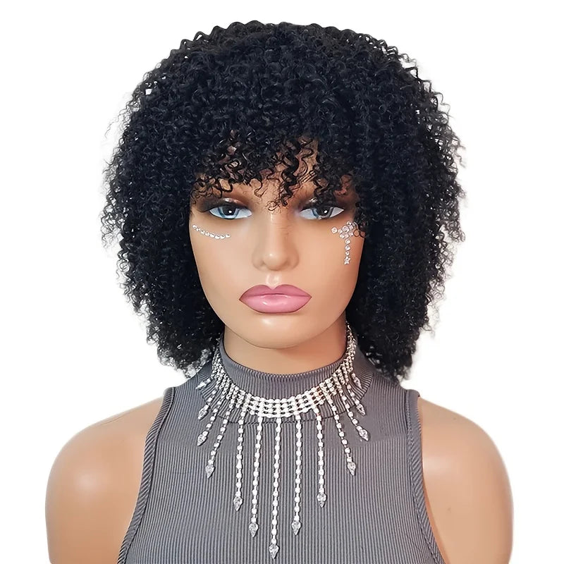 4A Afro Kinky Curly Wig With Bangs Human Hair 12/14 inch Short Curly Hair Wigs 180% Density Full Machine Made Natural For Women
