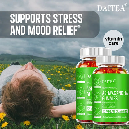 DAITEA Ashwagandha Gummies - Reduces Stress and Anxiety, Supports Heart, Joints, Immunity and Energy, Vegetarian