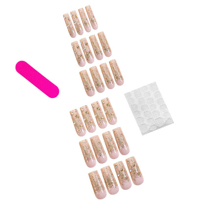 24Pcs Gold Ballet False Nails Long Coffin with Rhinestone French Wearable Fake Nail Transparent Decoration Press on Nail Tips