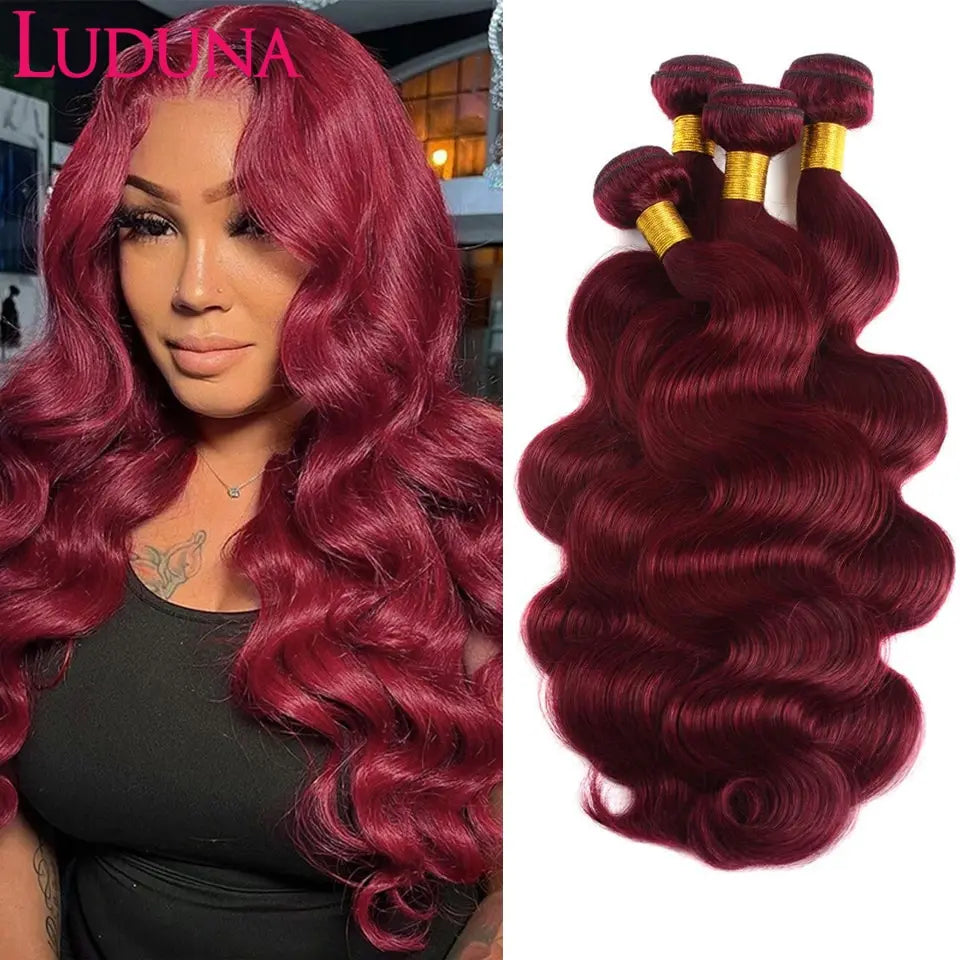 Luduna Burgundy 99j Body Wave Bundles Brazilian Red Color Human Hair Bundles 1/3/4 Pcs Hair Extensions Body Weave Colored Bundle