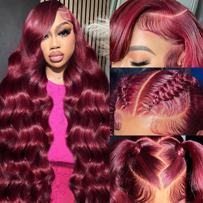 99j Burgundy Body Wave Human Hair 13x6 Hd Transparent Lace Front Wig 13x4 Curly Colored 30 40 Inch Brazilian Hair For Women