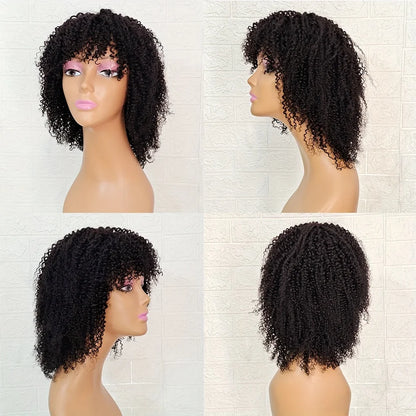 4A Afro Kinky Curly Wig With Bangs Human Hair 12/14 inch Short Curly Hair Wigs 180% Density Full Machine Made Natural For Women
