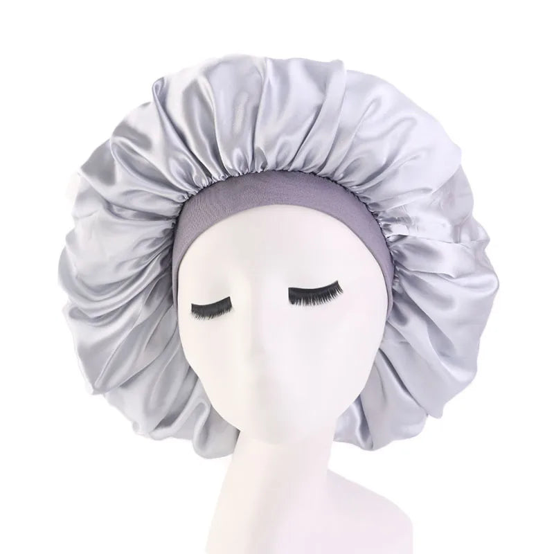 New Women Oversized Silky Hair Soft Elegant Bonnet Solid Color Satin Bonnet Sleeping Night Cap Elastic Shower Bath Hats