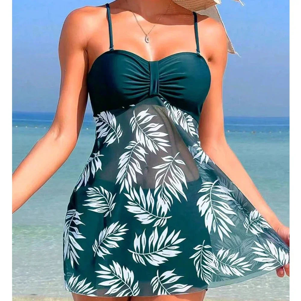 Summer Women's Short Dress With Shorts Swimsuit Leaf Print Sling Split Swimming Suit Holiday Beach Swimming Beachwear