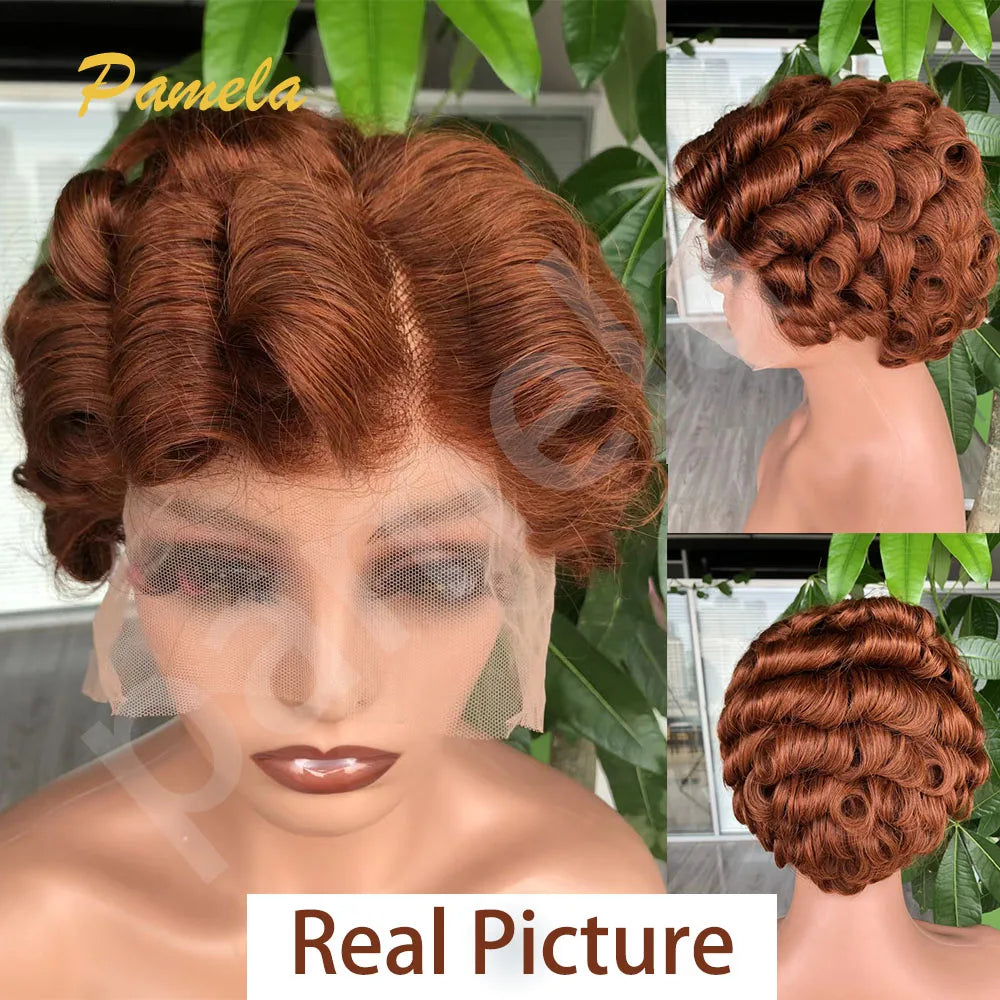 Reddish Brown Short Bob Loose Wave Human Hair Wigs Honey Blonde Short Bob Pixie Cut Transparent Lace Front Wigs For Women
