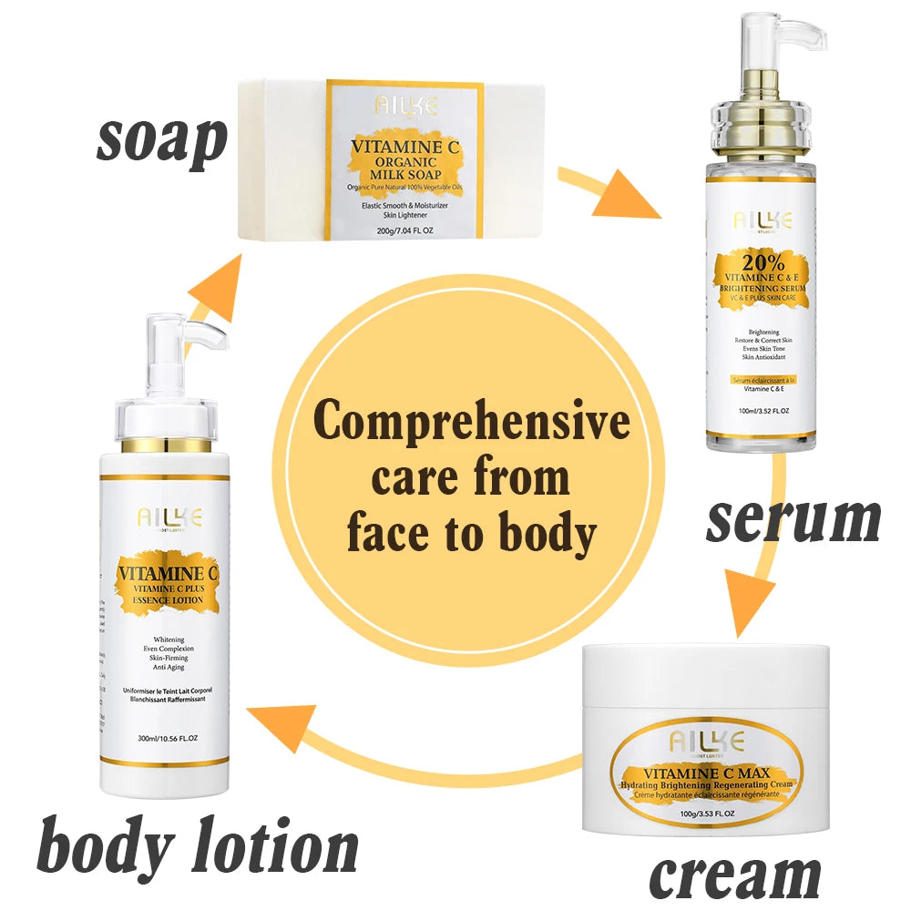 AILKE Vitamin C Skin Care Set, with Lightening Body Lotion, Even Skin Tone Cream, Whitening Serum, Brightening Soap