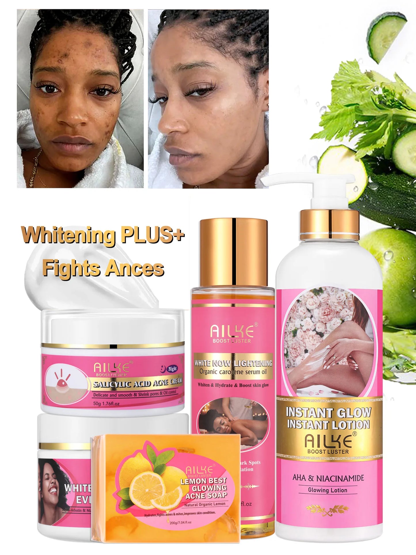 AILKE OEM Wholesale Smooth Brightening AHA Dark Spots Removal, Skin Whitening Anti Wrinkle Skin Care Set