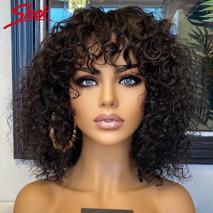 Jerry Curly Short Bob Human Hair Wigs With Bangs Wear To Go Glueless Wig Highlight Honey Water Wave Blonde Colored Wig For Women