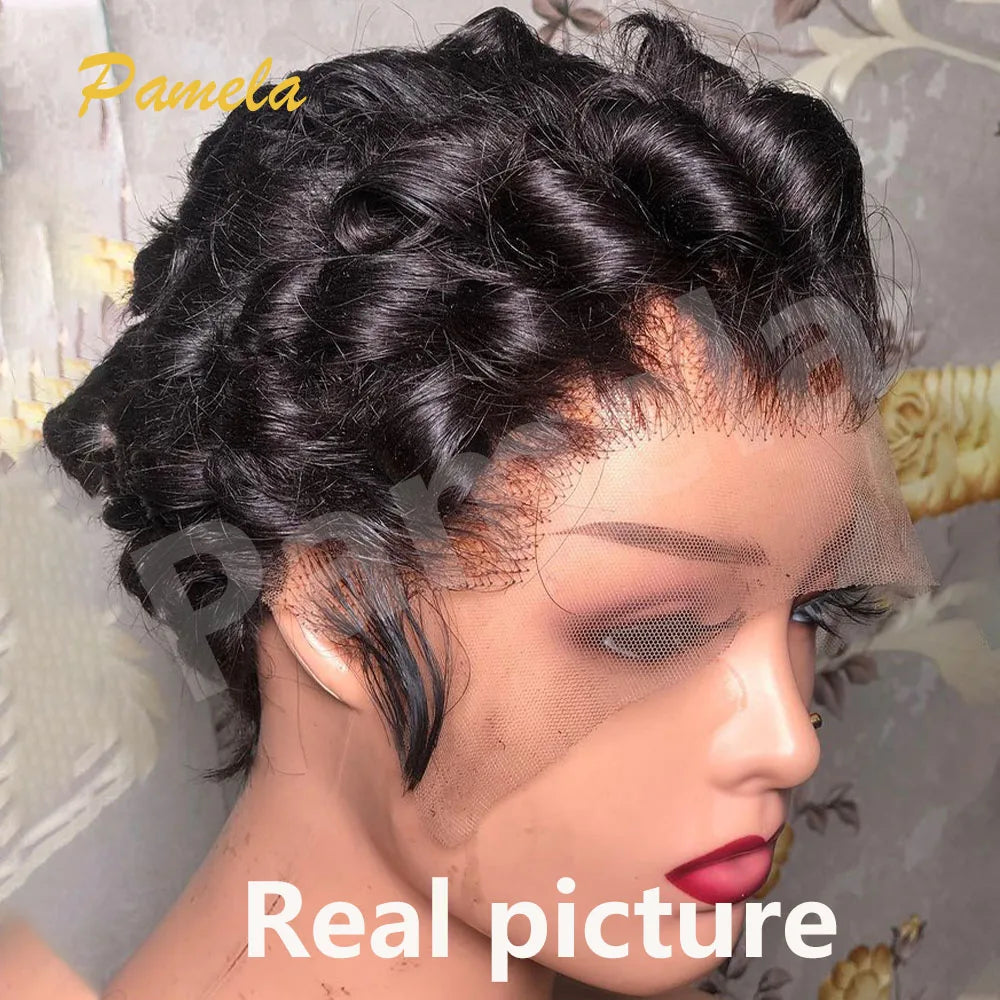 Reddish Brown Short Bob Loose Wave Human Hair Wigs Honey Blonde Short Bob Pixie Cut Transparent Lace Front Wigs For Women