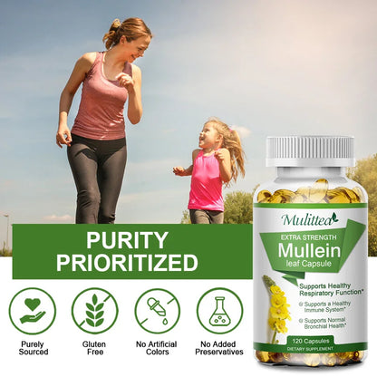 Mulittea Natural Mullein Leaf Capsules Herbal Supplement for Lung Cleanse Helps Healthy Respiratory Function & Mucous Membranes