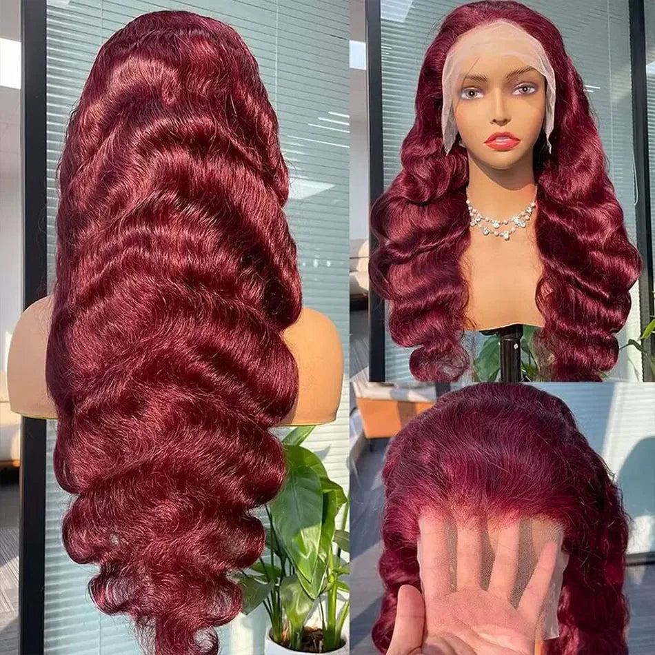 99j Burgundy Body Wave Human Hair 13x6 Hd Transparent Lace Front Wig 13x4 Curly Colored 30 40 Inch Brazilian Hair For Women