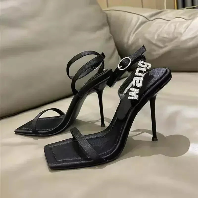 2024 Style Square Toe Women Sandals Crystal Letters Decorative Women High Heels Sexy Shoes Women's Banquet Wedding Shoes Women