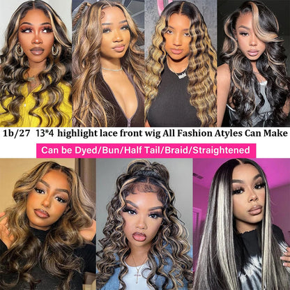1B/27 Body Wave 13x4 Lace Frontal Highlight Wig Human Hair Brazilian 200 Density 30 Inch Ombre Blonde Colored Human Hair Wigs