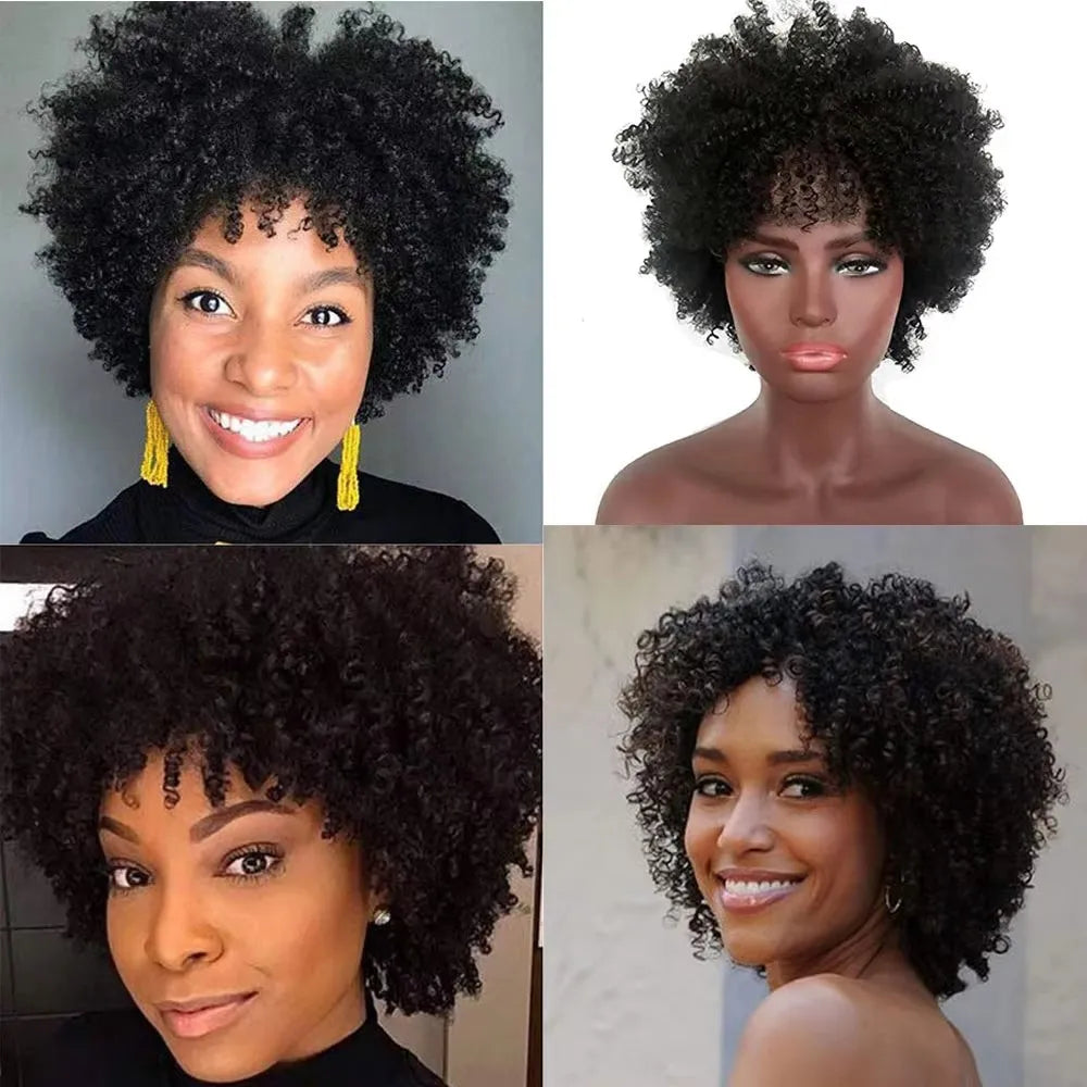 4A Afro Kinky Curly Wig With Bangs Human Hair 12/14 inch Short Curly Hair Wigs 180% Density Full Machine Made Natural For Women