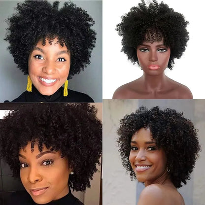 4A Afro Kinky Curly Wig With Bangs Human Hair 12/14 inch Short Curly Hair Wigs 180% Density Full Machine Made Natural For Women